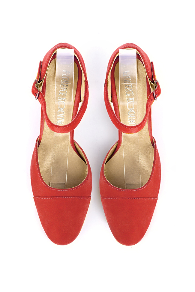 Women's scarlet red open side dress shoes, with an instep strap. Round toe. Medium block heels - Top view